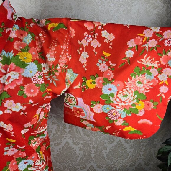 Vintage Japanese Open Kimono Size 40 (Fits S/M) Orange w/Floral Pattern - Picture 5 of 12